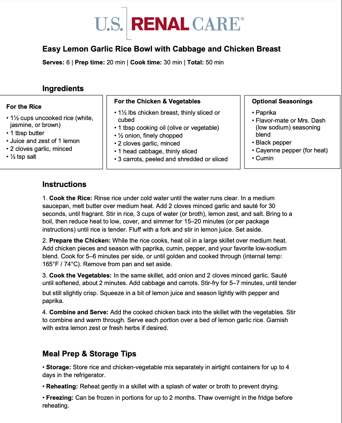 USRC Kidney-Friendly Meal Kits